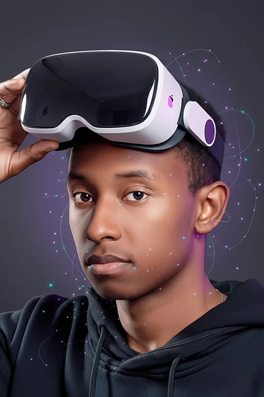 Maël, casque de réalité mixte relevé sur le front